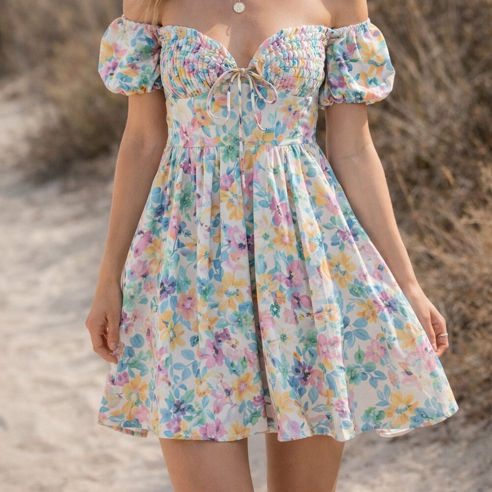 Princess Polly Floral Puff Sleeve Mini Dress Tie Front Cottagecore Size 10